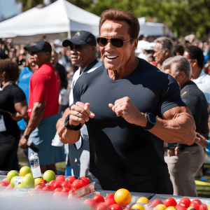 Arnold Schwarzenegger interacting with attendees at a community fitness event