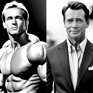 Side-by-side images of Arnold Schwarzenegger one from his bodybuilding prime and another from a Hollywood movie