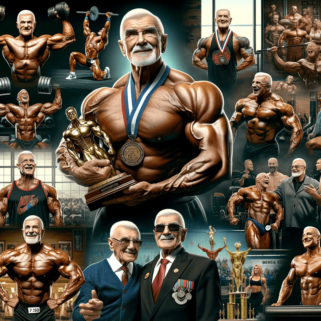 Collage of the oldest bodybuilder's career highlights, showing a journey of dedication, strength, and achievement in bodybuilding