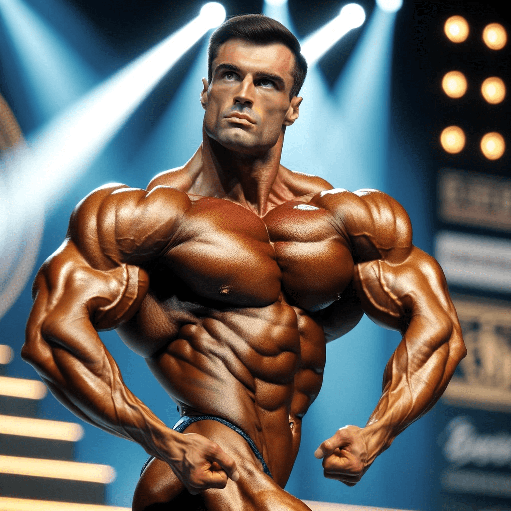 A bodybuilder with a strong, muscular physique similar to that of Neil Currey, in the middle of a bodybuilding competition. He is striking a pose that