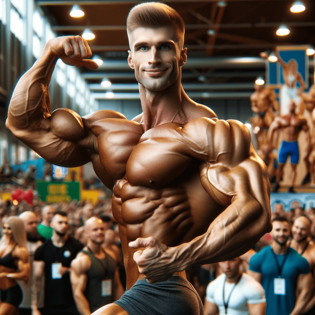 Jo Lindner striking an impressive bodybuilding pose, highlighting his muscular physique and the energetic ambiance of a gym setting
