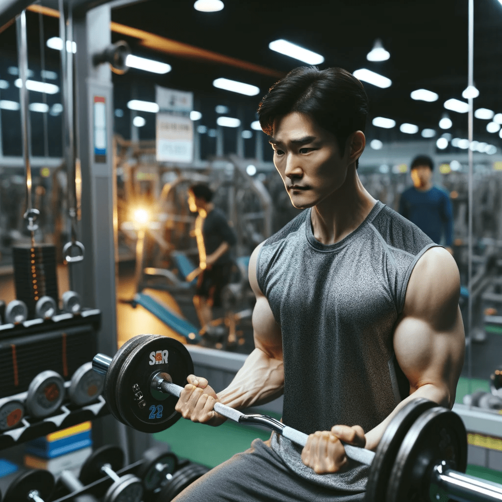 Korean bodybuilder in a gym setting, demonstrating a weightlifting exercise, exemplifying strength and discipline in bodybuilding training