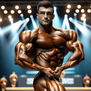 Neil Currey displaying his impressive physique on stage at a professional bodybuilding competition, highlighting his well-defined muscles and concentrated expression.