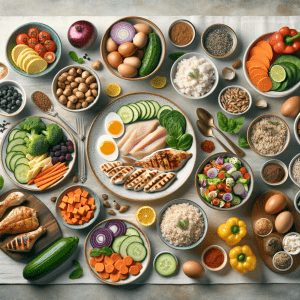 Nutritious meal plan for young bodybuilders, featuring a balanced spread of protein, complex carbs, and vegetables