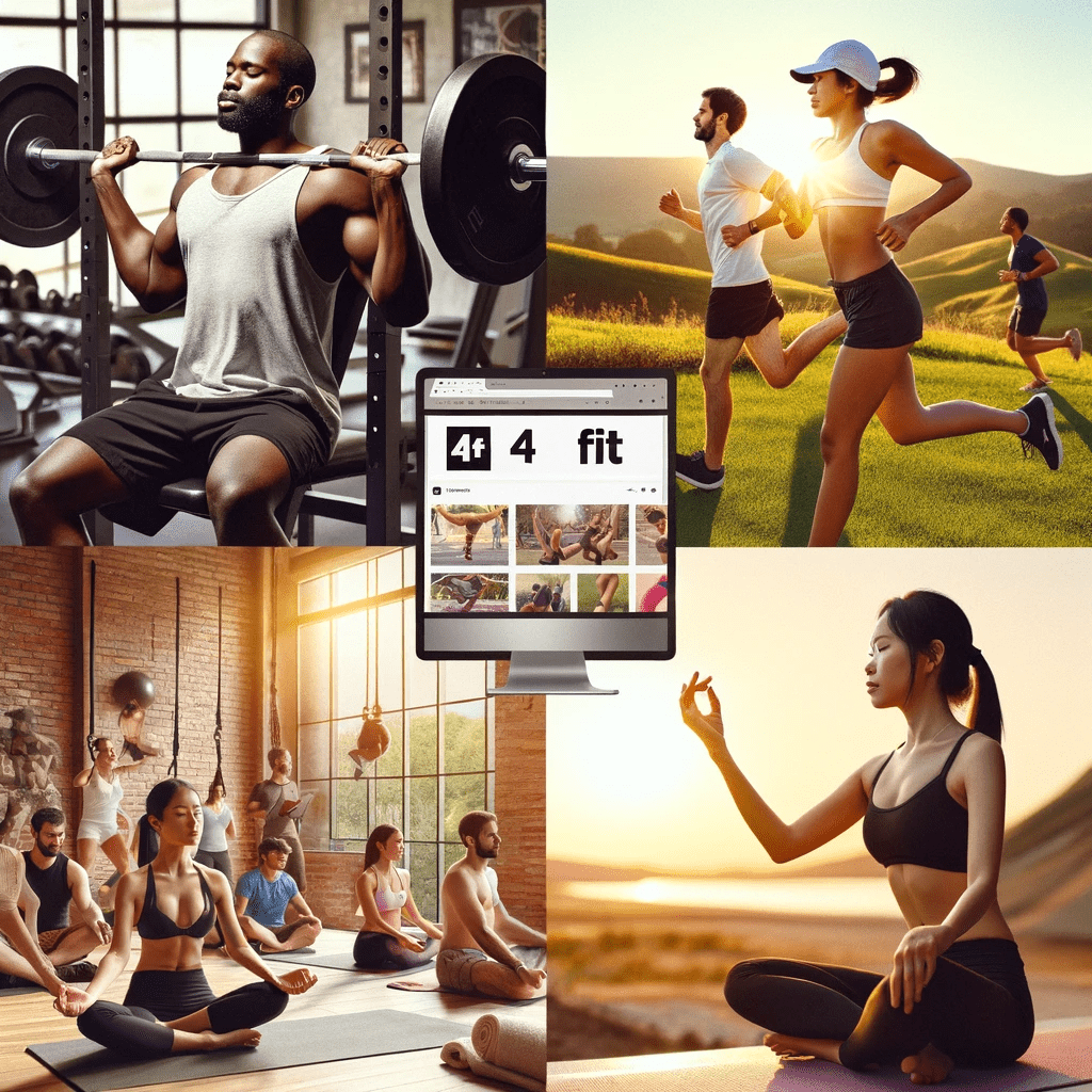 Collage of people partaking in different fitness activities with a computer screen displaying 4chan Fit's forum, symbolizing the blend of physical exercise and online fitness community